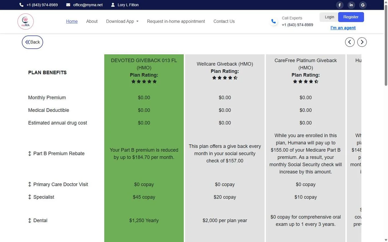 myMA plan comparison table showing real Medicare Advantage plans side by side
